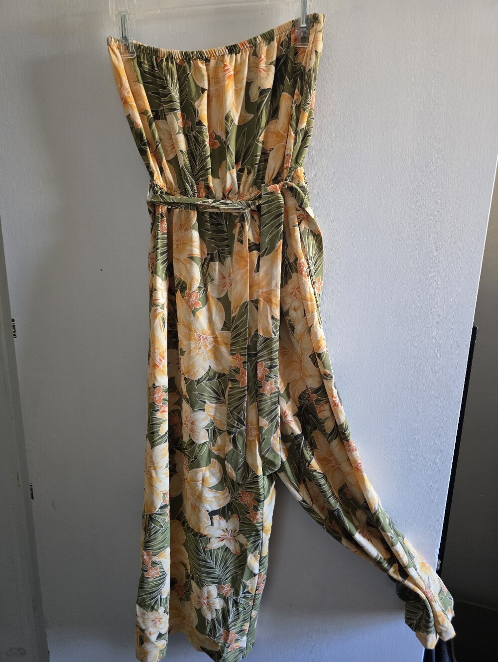 Blu Pepper Tropical Strapless Wide-Leg Jumpsuit in Olive & Yellow